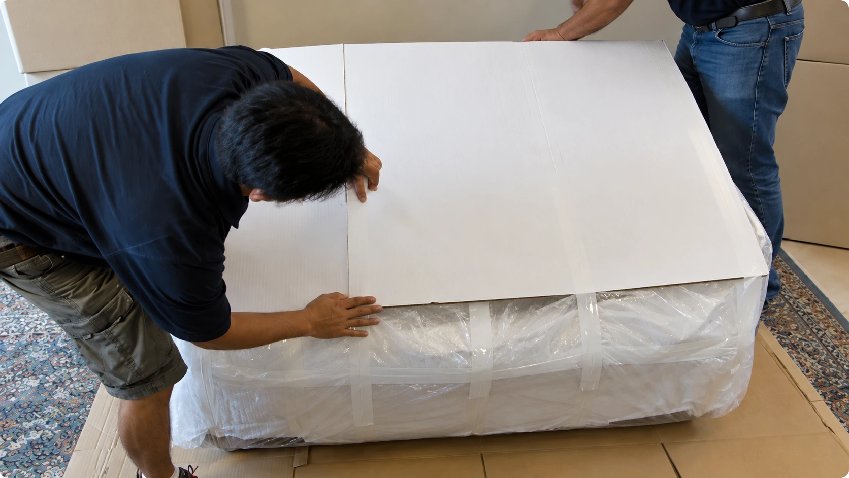 Carefully wrapped furniture being moved through a home